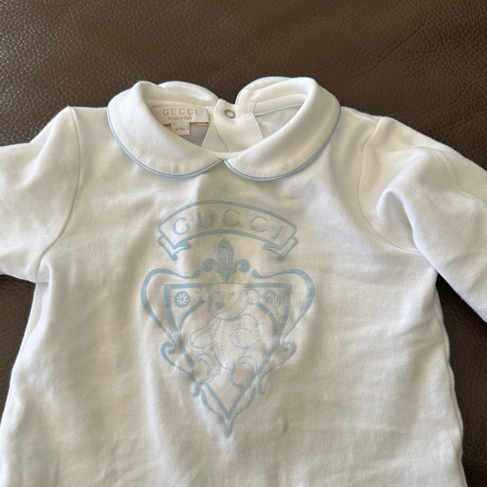 Gucci Kids White Long Sleeve Shirt with Blue Emblem